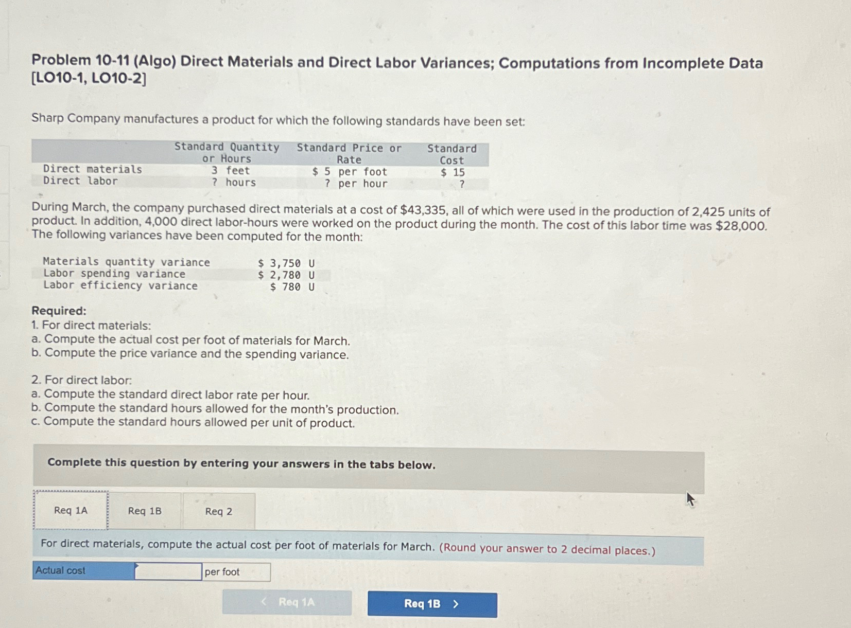  Problem 10-11(Algo) Direct Materials and Direct Labor Variances; Computations from Incomplete