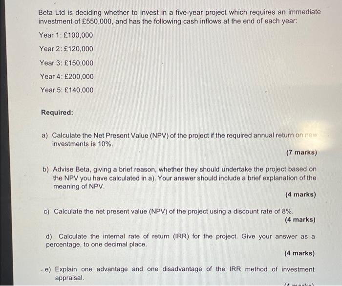 Beta Ltd is deciding whether to invest in a five-year project
