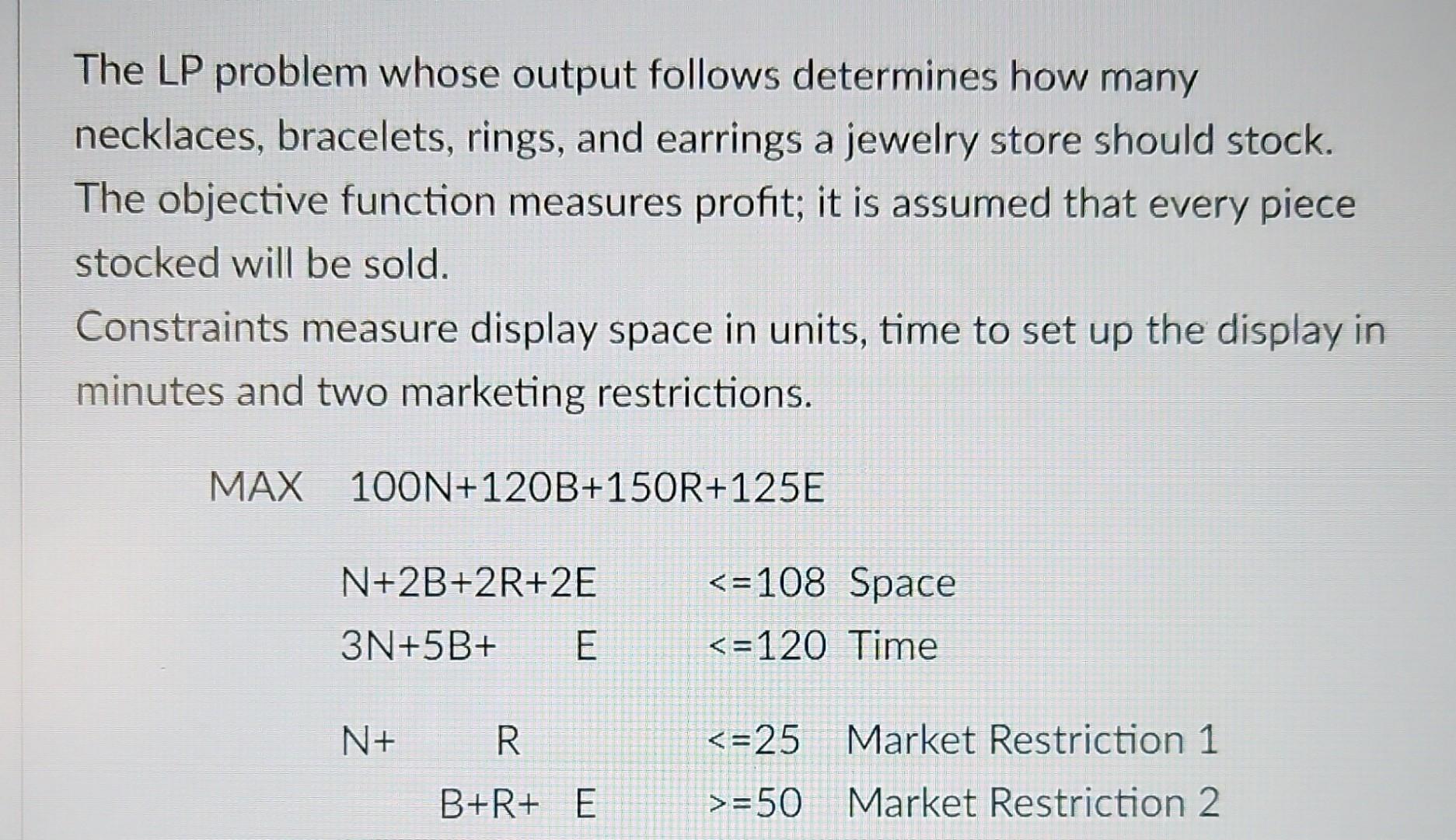 The LP problem whose output follows determines how many necklaces, bracelets,