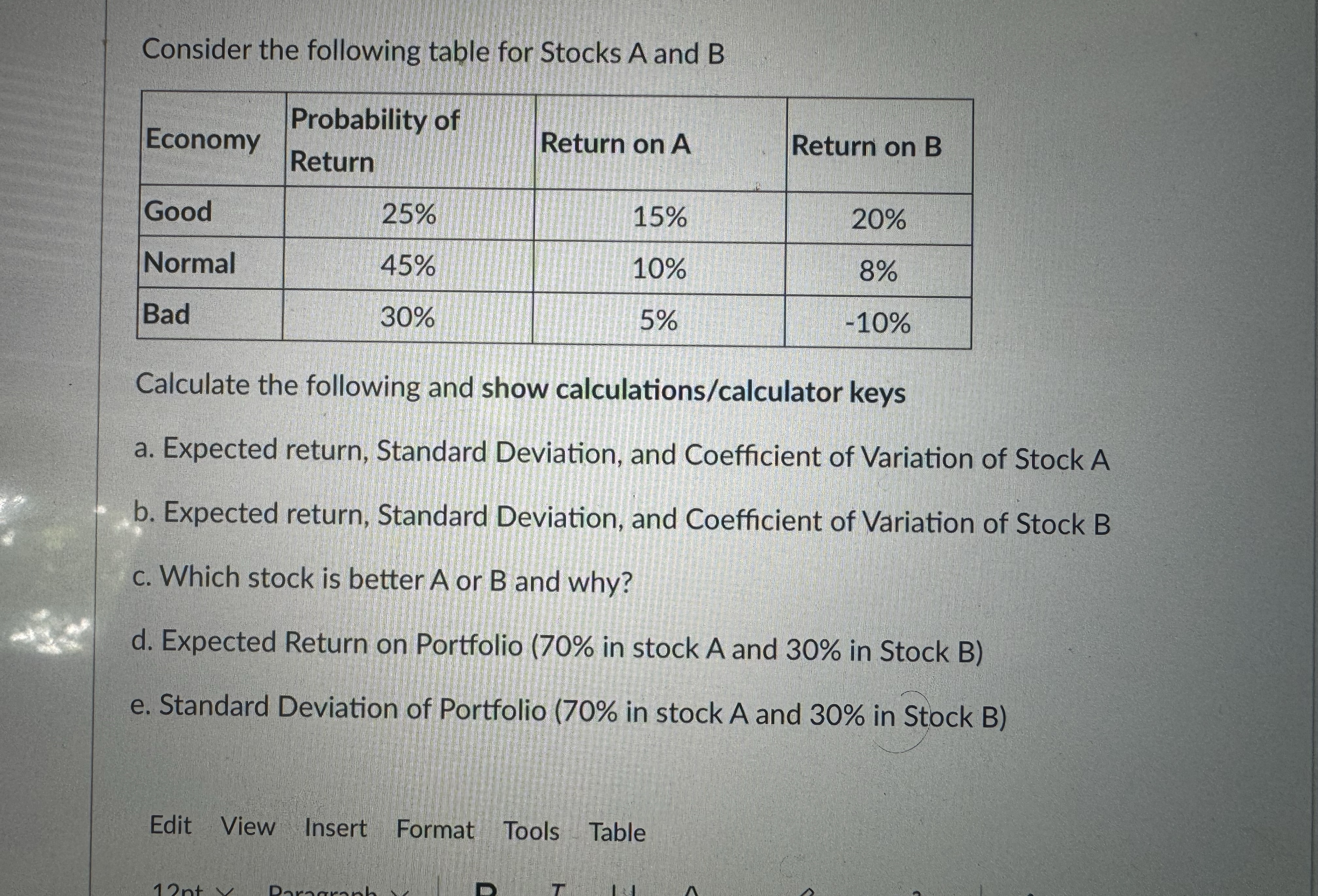  Consider the following table for Stocks A and BEconomyProbability ofReturnReturn on