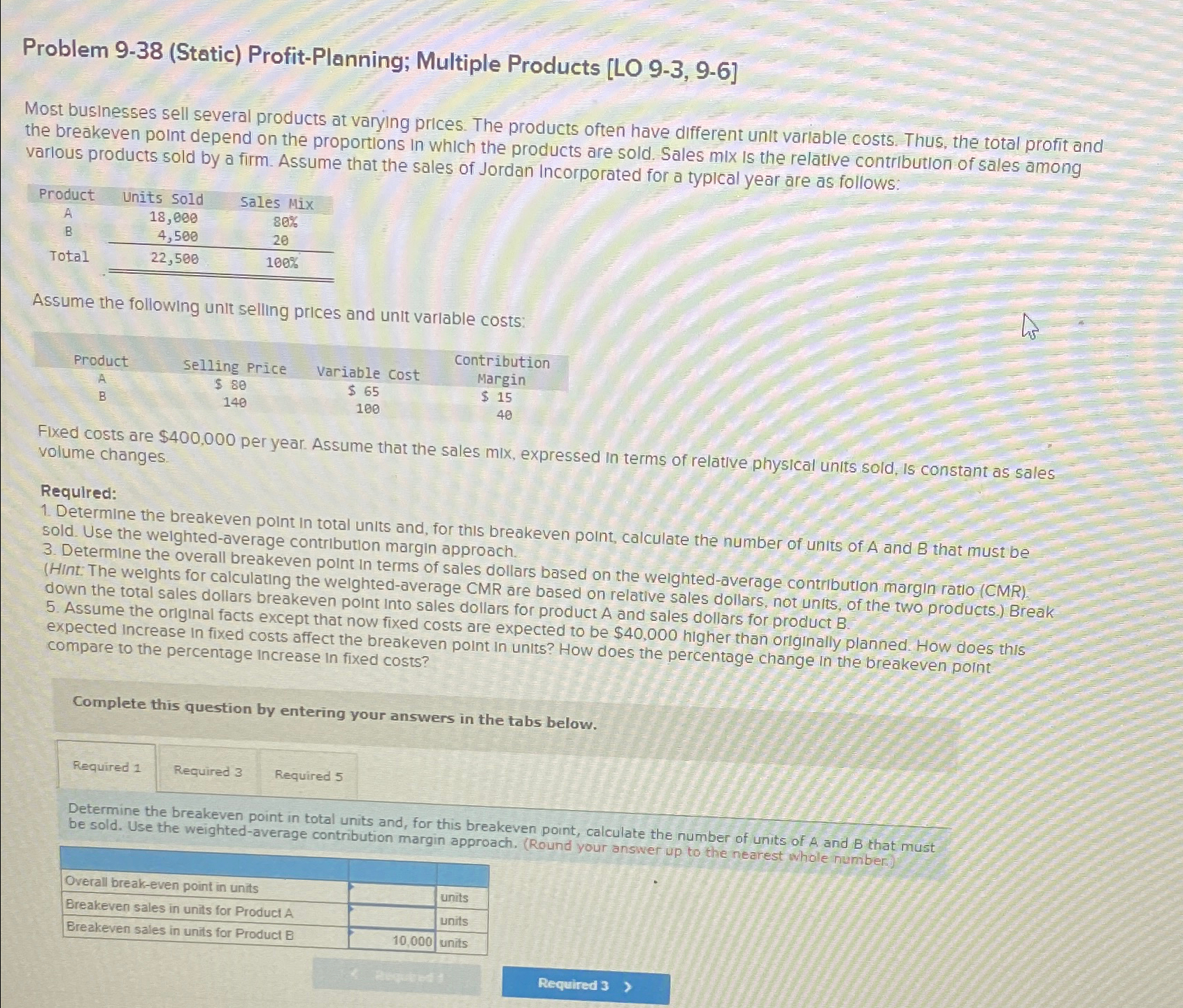 Problem 9-38(Static) Profit-Planning; Multiple Products [LO 9-3,9-6] Most businesses sell several