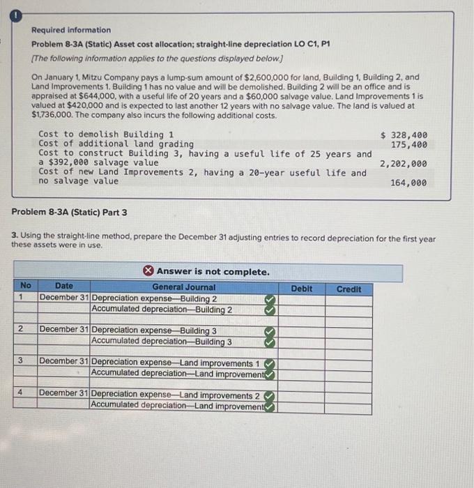  Required information Problem 8-3A (Static) Asset cost allocation; straight-line depreciation LO