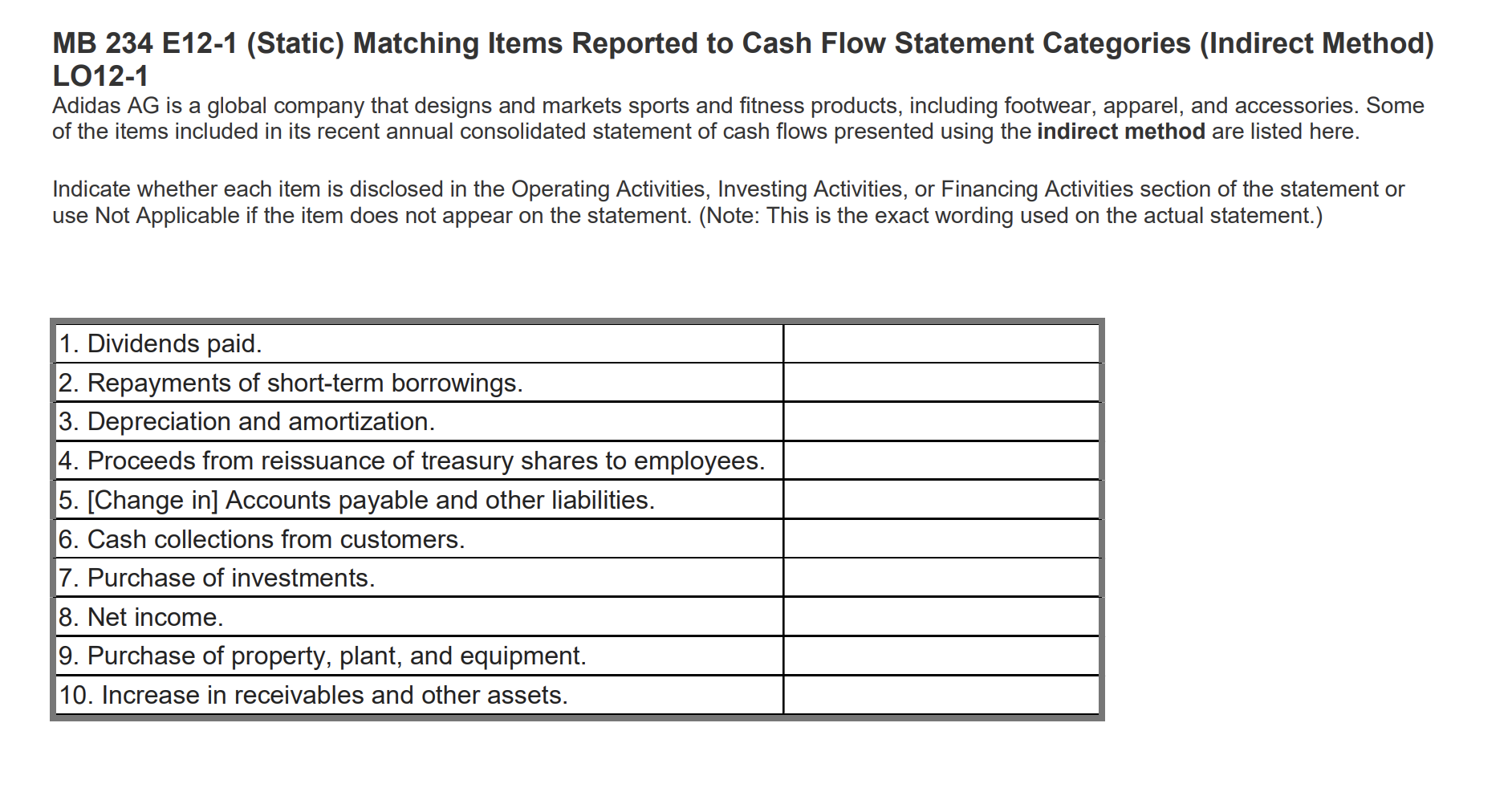 MB 234 E12-1 (Static) Matching Items Reported to Cash Flow Statement