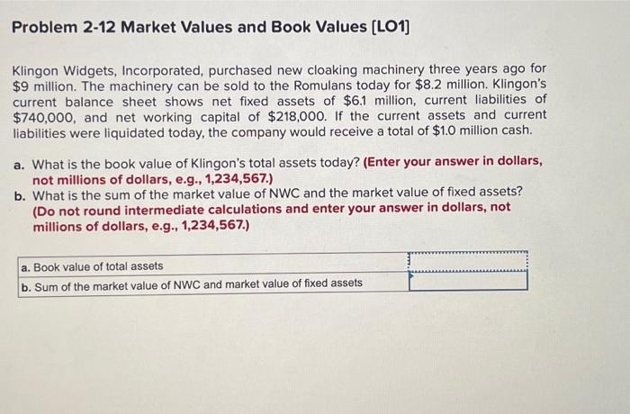  Problem 2-12 Market Values and Book Values [LO1] Klingon Widgets, Incorporated,