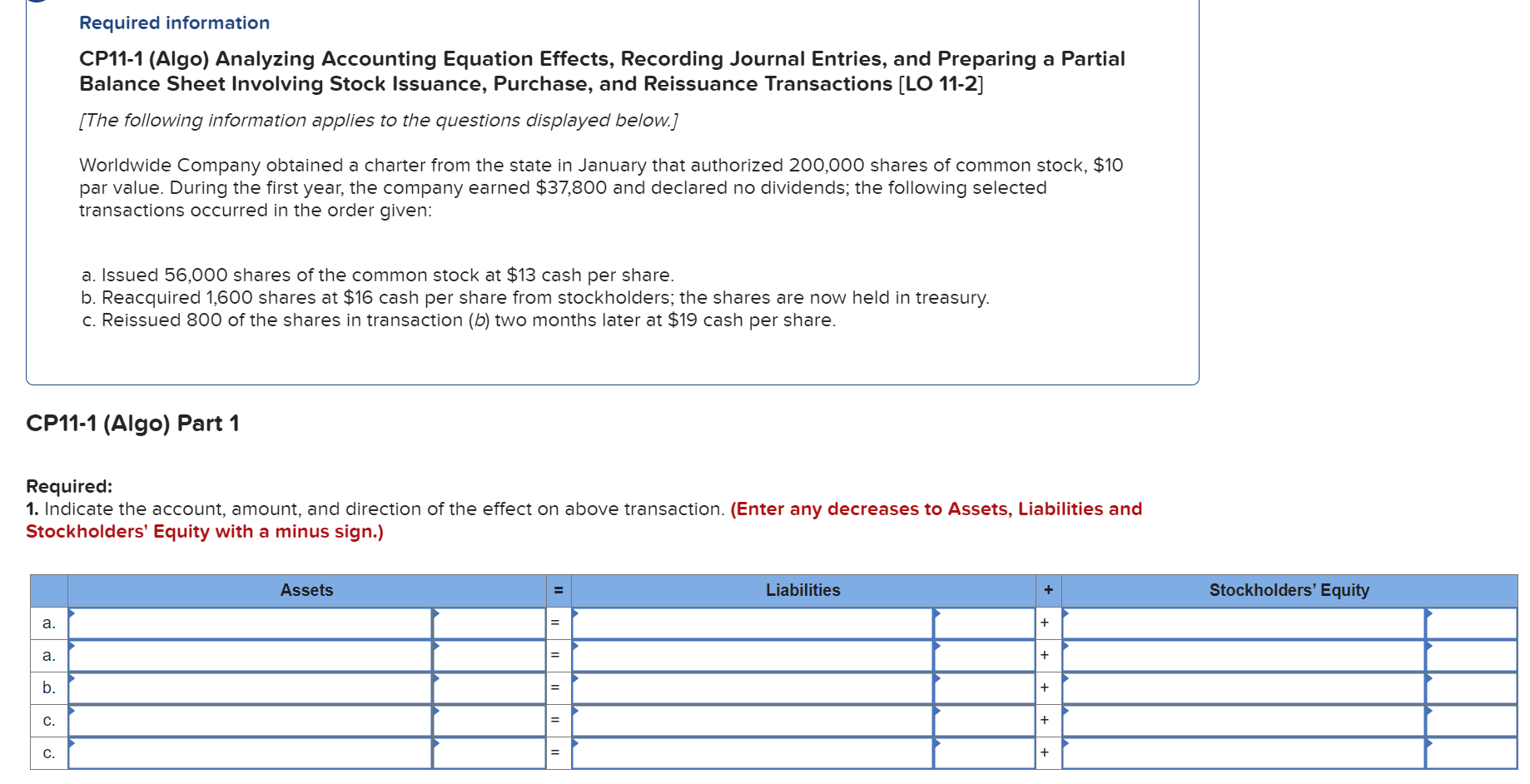  Required information CP11-1(Algo) Analyzing Accounting Equation Effects, Recording Journal Entries, and