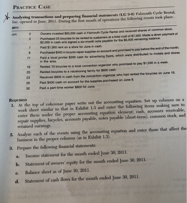  PRACTICE CASE Analyzing transactions and preparing financial statements (LG 3-6) Falmouth