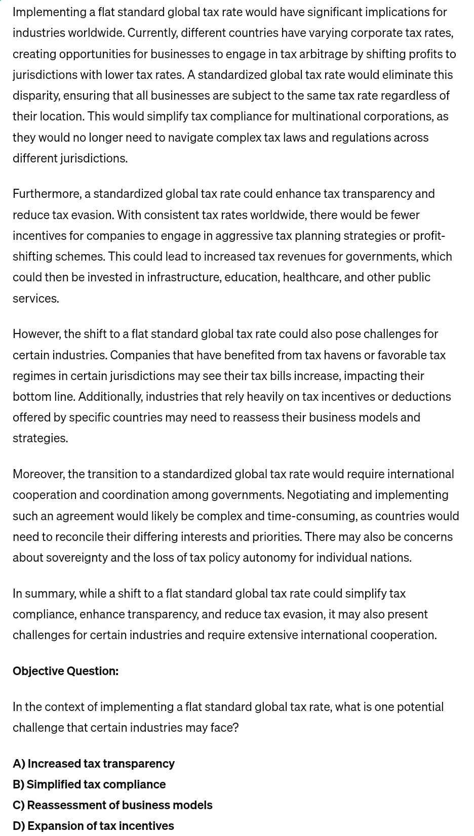  Implementing a flat standard global tax rate would have significant implications