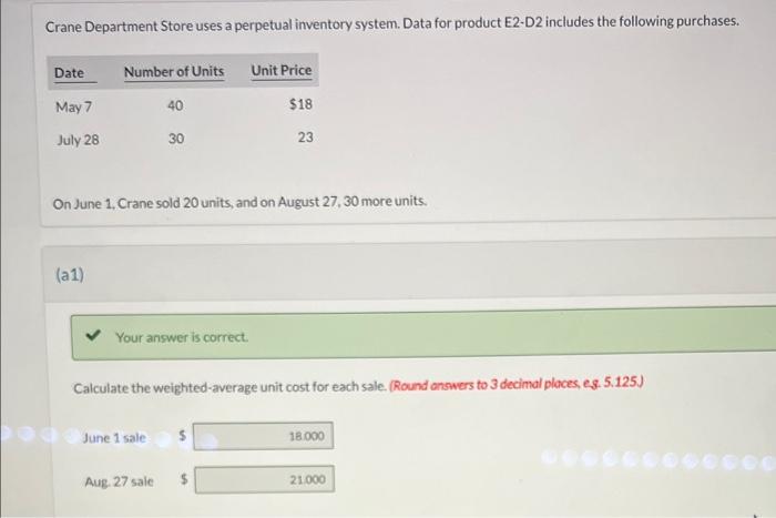  Crane Department Store uses a perpetual inventory system. Data for product