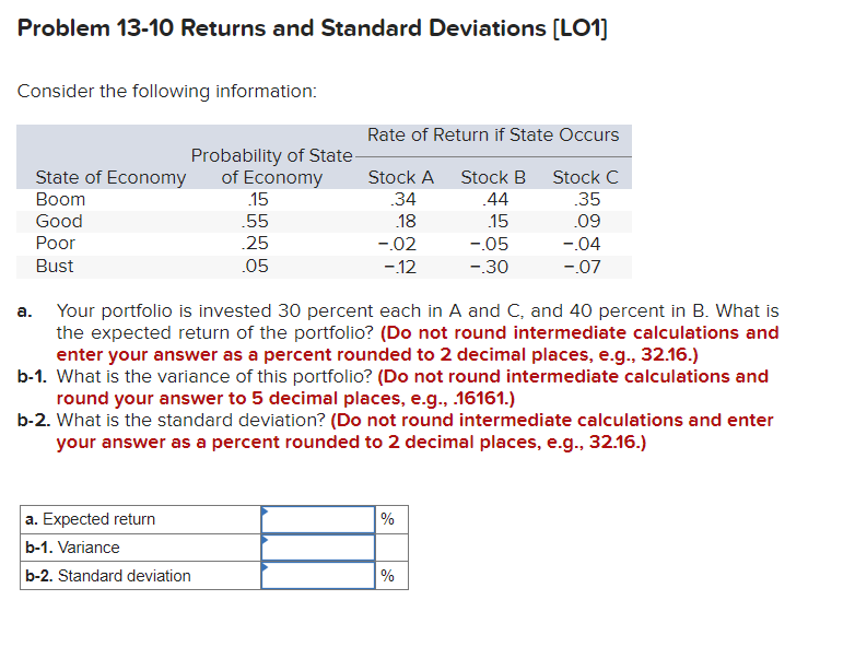  Problem 13-10 Returns and Standard Deviations [LO1] Consider the following information: