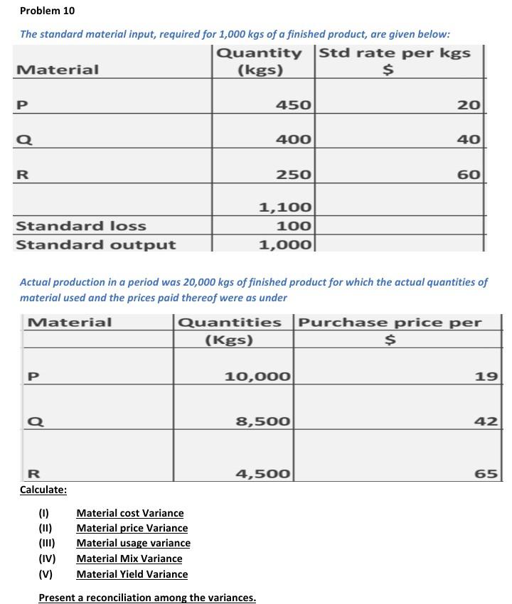  Problem 10 The standard material input, required for 1,000 kgs of