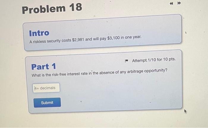 I need help solving this problem Intro A riskless security costs $2,981