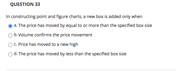 QUESTION 33 In constructing point and figure charts, a new box