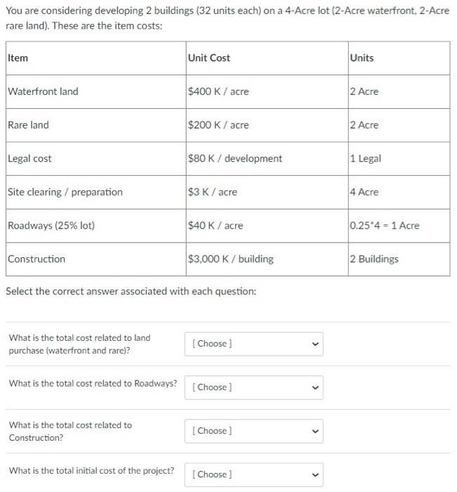  You are considering developing 2 buildings (32 units each) on a