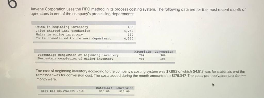 Jarvene Corporation uses the FIFO method in its process costing system.
