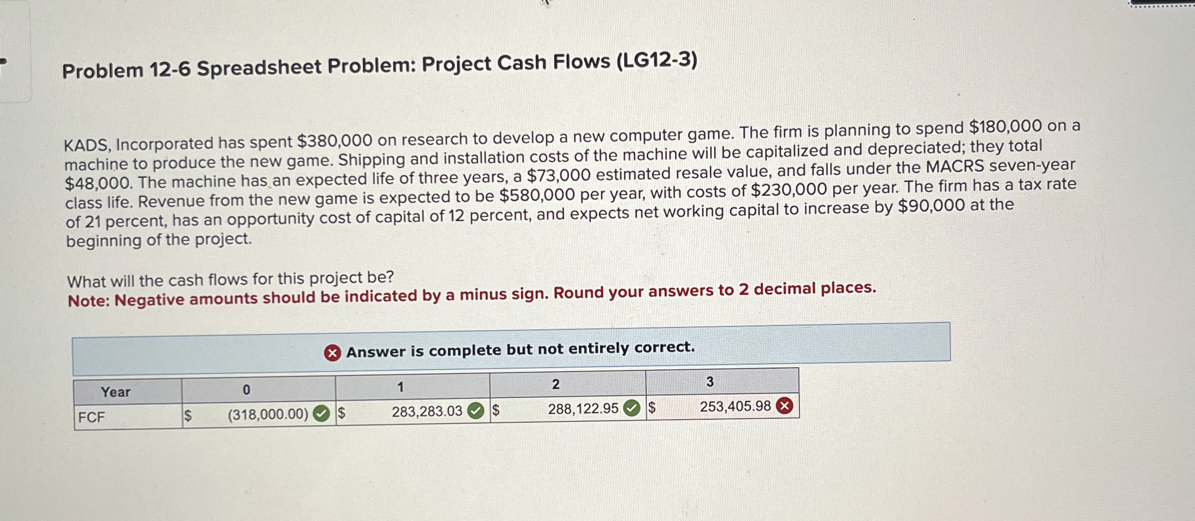  Problem 12-6 Spreadsheet Problem: Project Cash Flows (LG12-3) KADS, Incorporated has