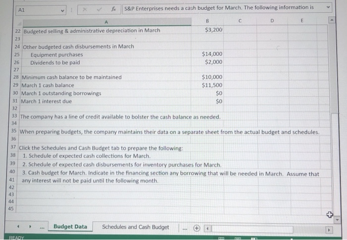 & P Enterprises needs a cash budget for March. The following information