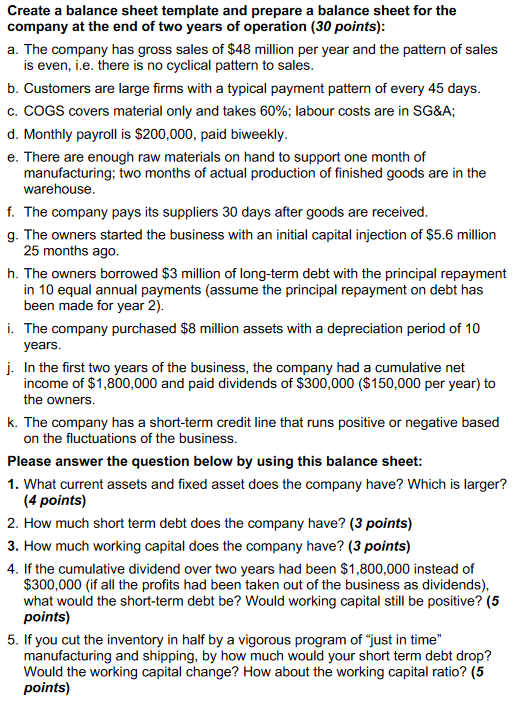 Create a balance sheet template and prepare a balance sheet for