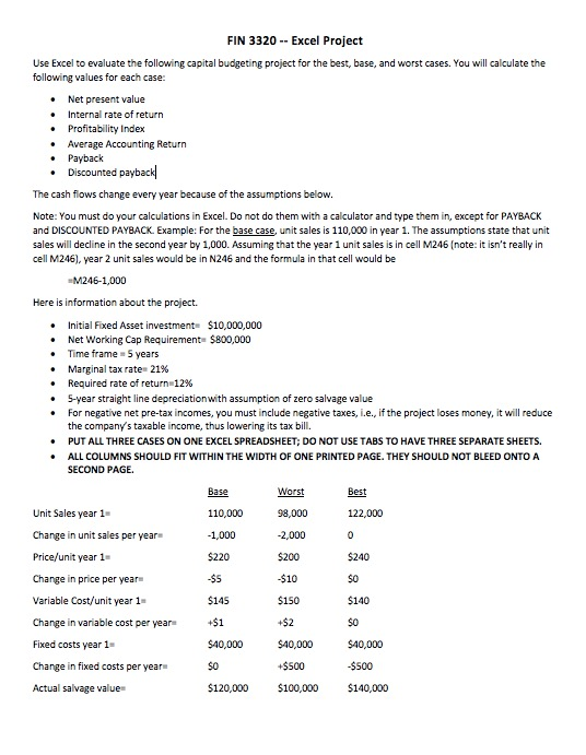 Please help with the formulas. FIN 3320 -- Excel Project Use