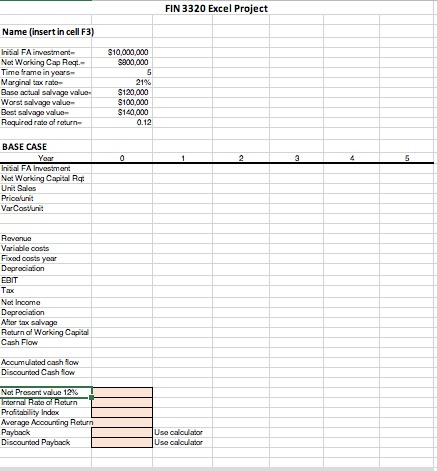 Excel to evaluate the following capital budgeting project for the best, base,