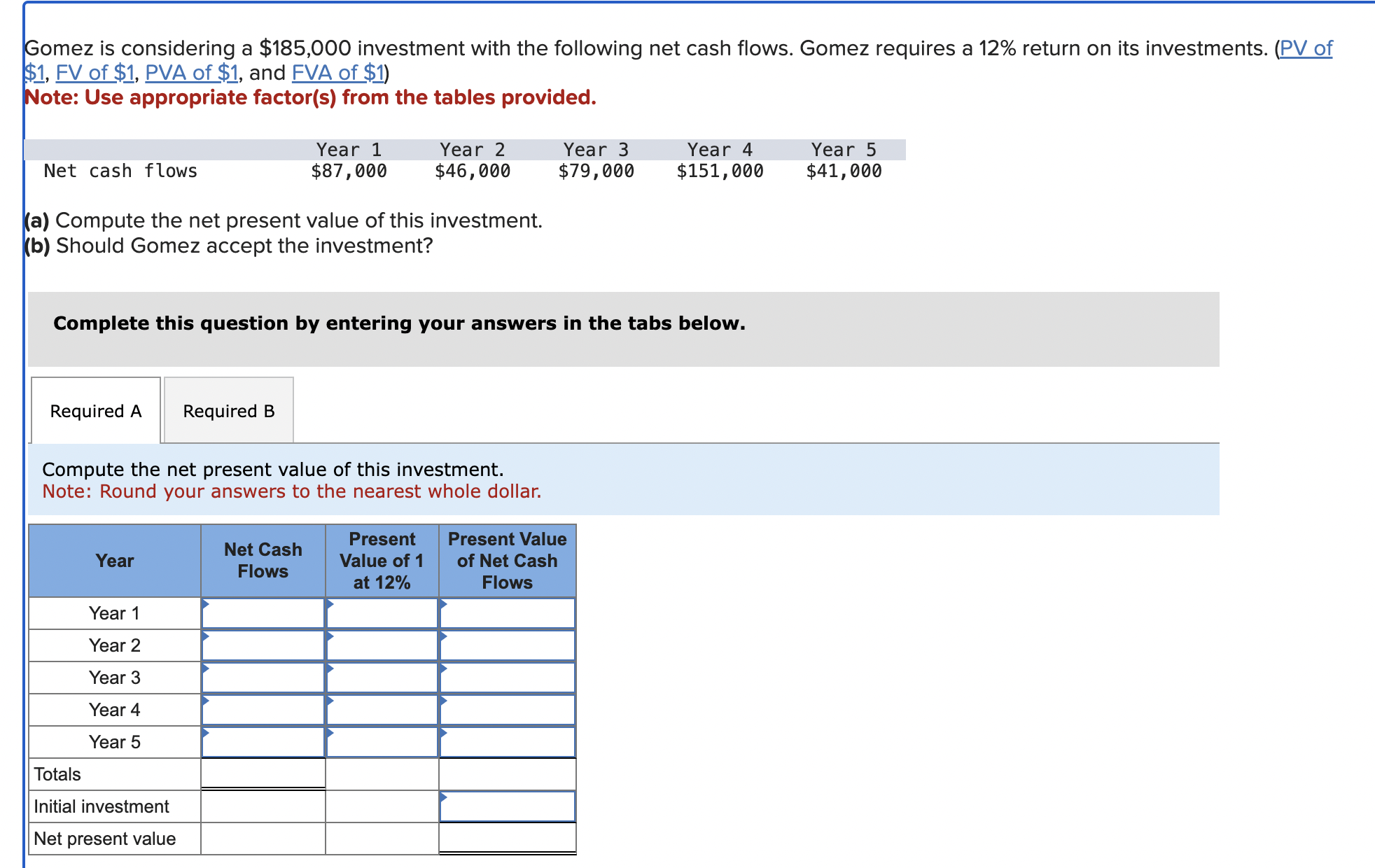  Gomez is considering a $185,000 investment with the following net cash