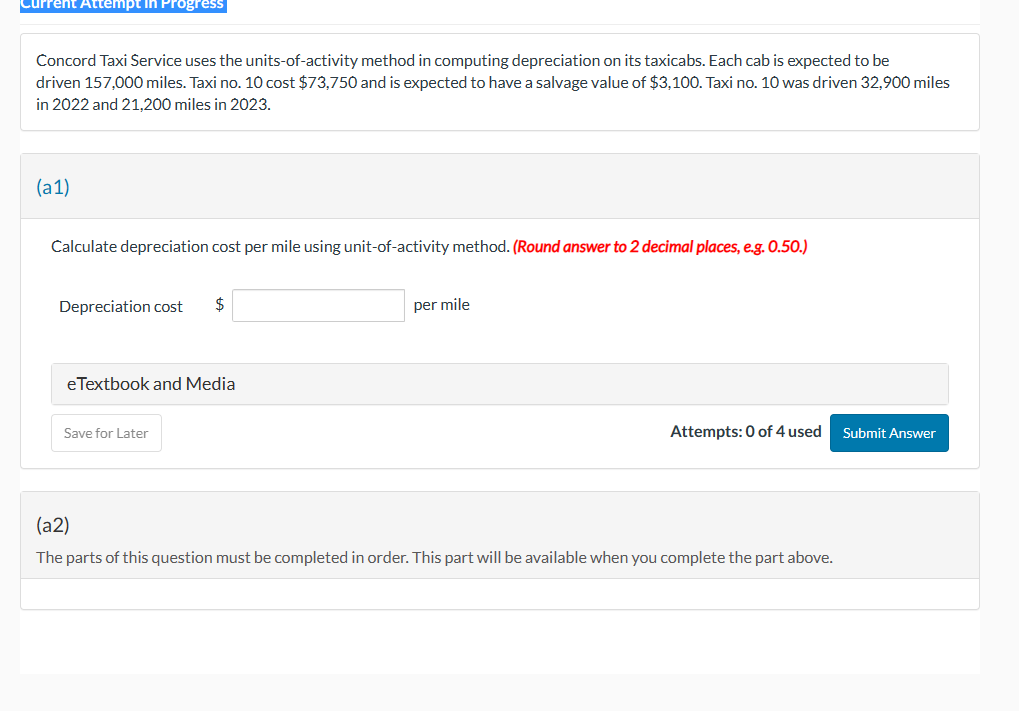 Concord Taxi Service uses the units-of-activity method in computing depreciation on