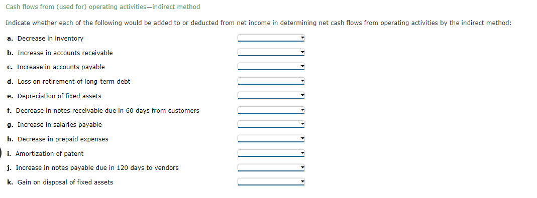 Cash flows from (used for) operating activitiesindirect method Indicate whether each of