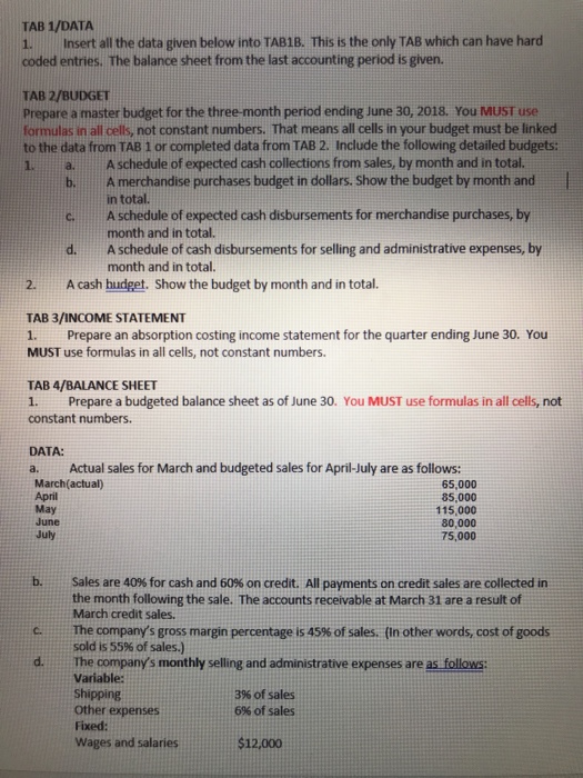  Please complete in Excel and show formulas. Thanks! TAB 1/DATA 1.