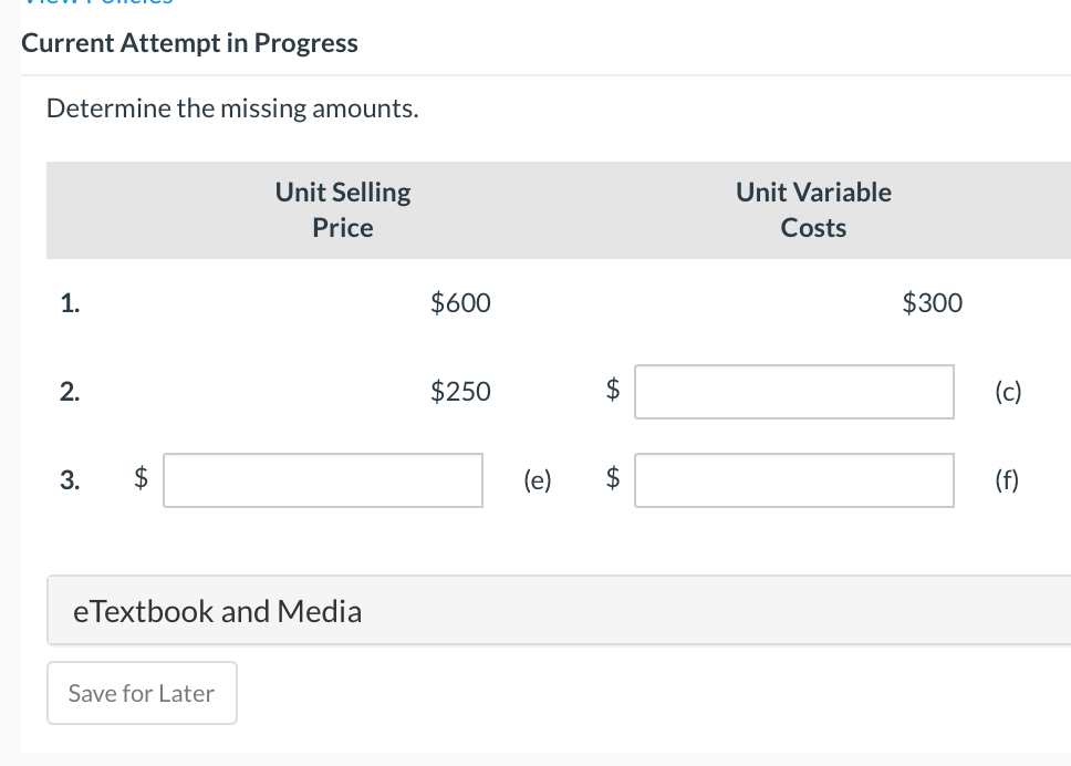  Current Attempt in Progress Determine the missing amounts. Unit Selling Price