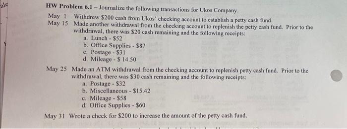  HW Problem 6.1 - Journalize the following transactions for Ukos Company.
