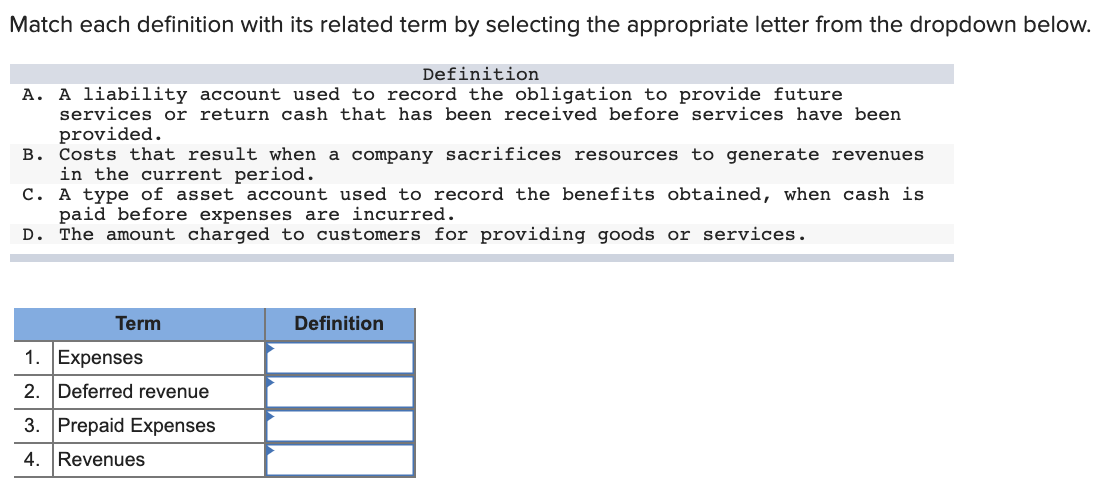 Match each definition with its related term by selecting the appropriate