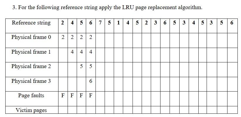 3. For the following reference string apply the LRU page replacement