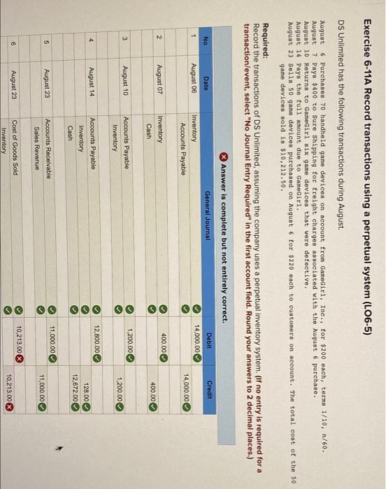  Exercise 6-11A Record transactions using a perpetual system (LO6-5) DS Unlimited