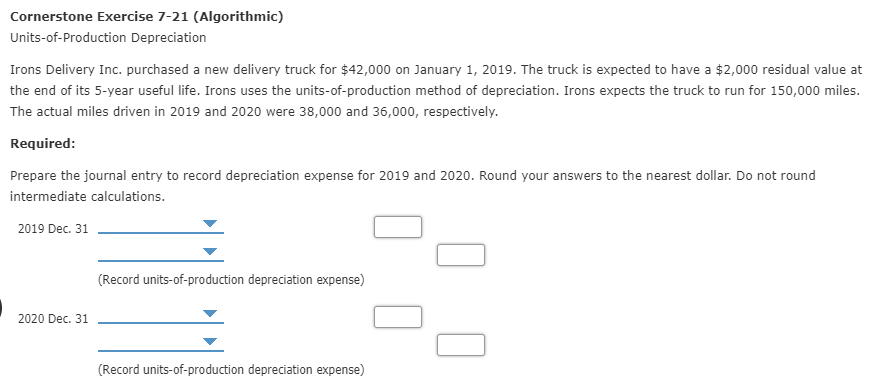 Cornerstone Exercise 7-21 (Algorithmic) Units-of-Production Depreciation Irons Delivery Inc. purchased a