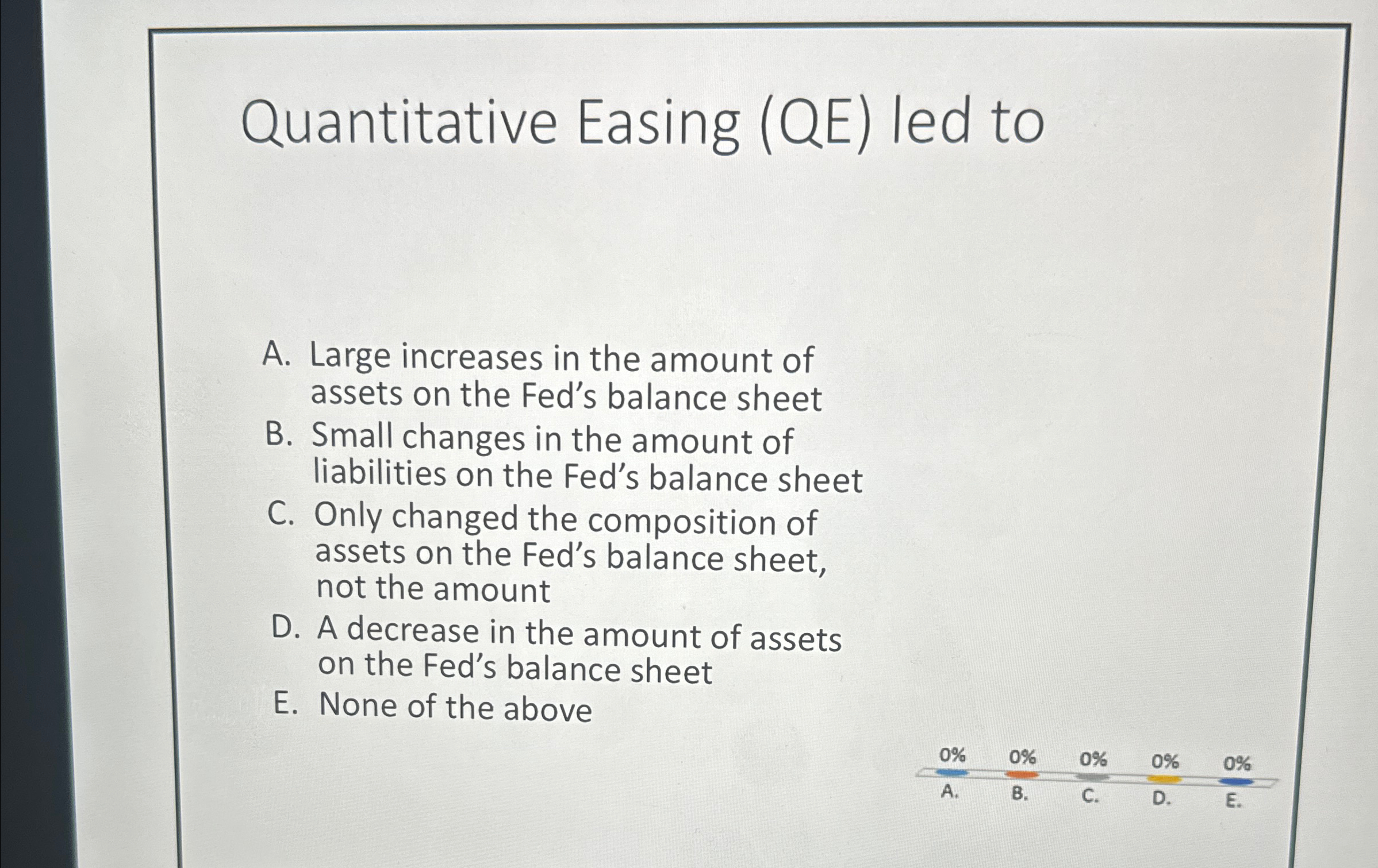  Quantitative Easing (QE) led to A. Large increases in the amount