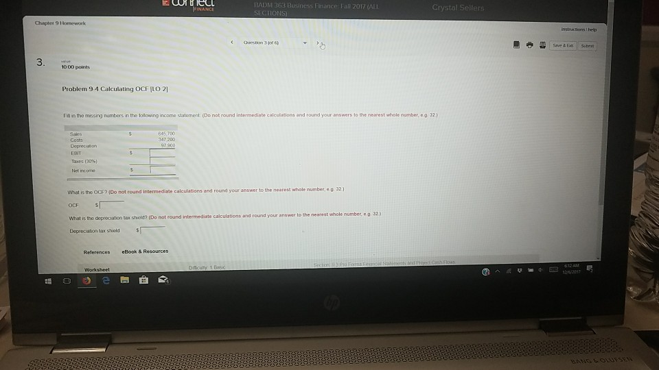 FINANCE Chapter 9 1Homewark instructiors Ihelp 1000 points Problem 9 4