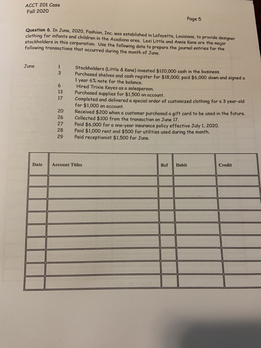  ACCT 201 Case Fall 2020 Page 5 Question 6. In June,
