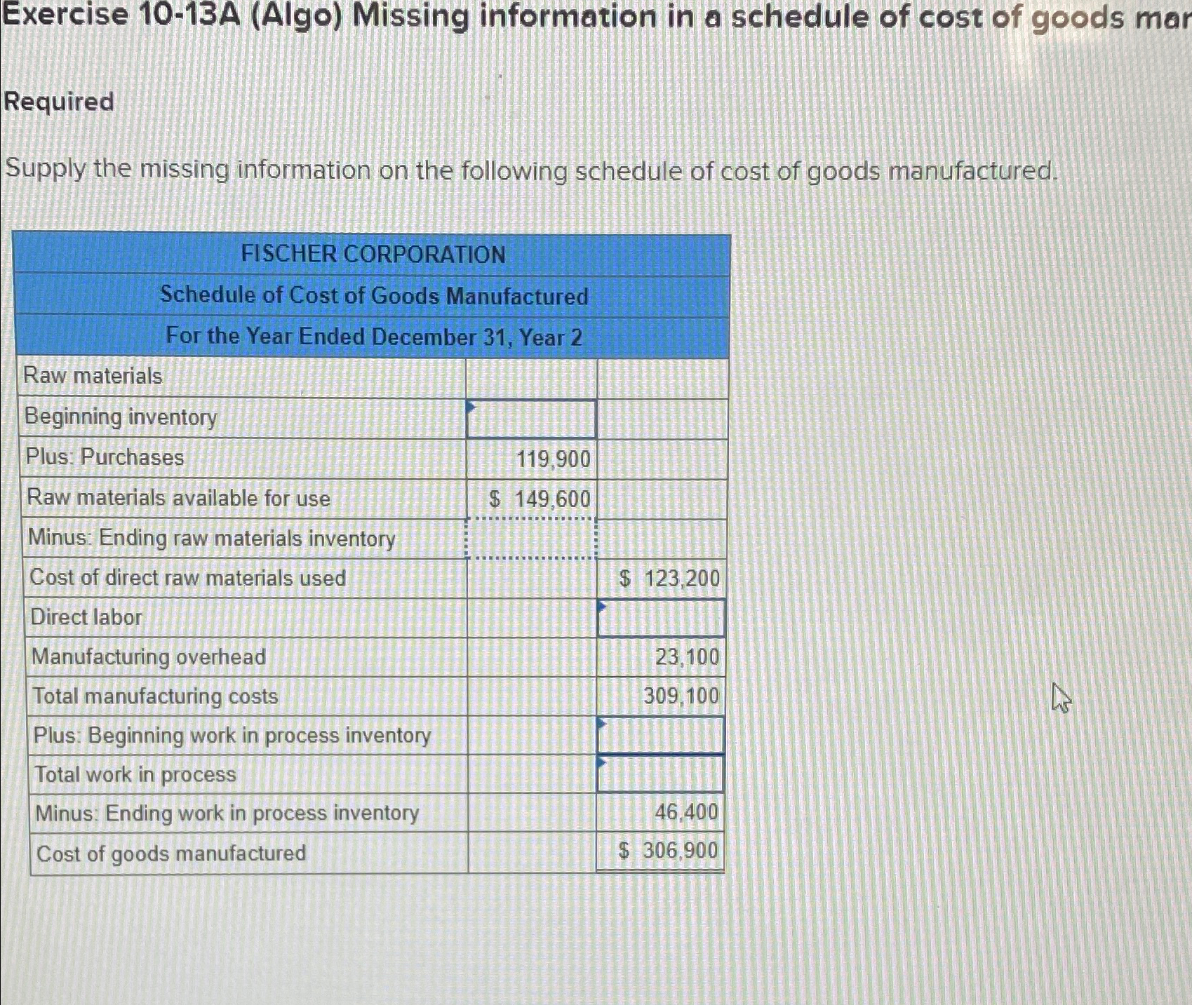  Exercise 10-13A (Algo) Missing information in a schedule of cost of