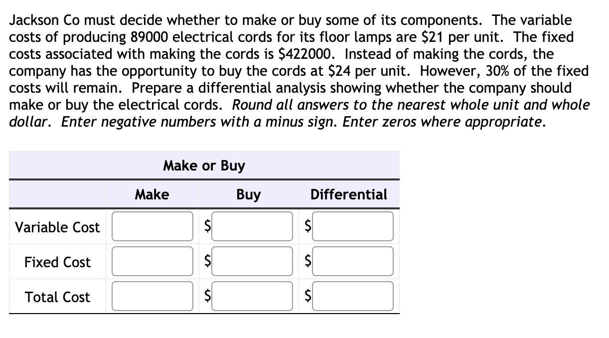  Jackson Co must decide whether to make or buy some of