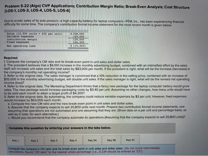  Problem 5-22 (Algo) CVP Applications; Contribution Margin Ratio; Break-Even Analysis; Cost