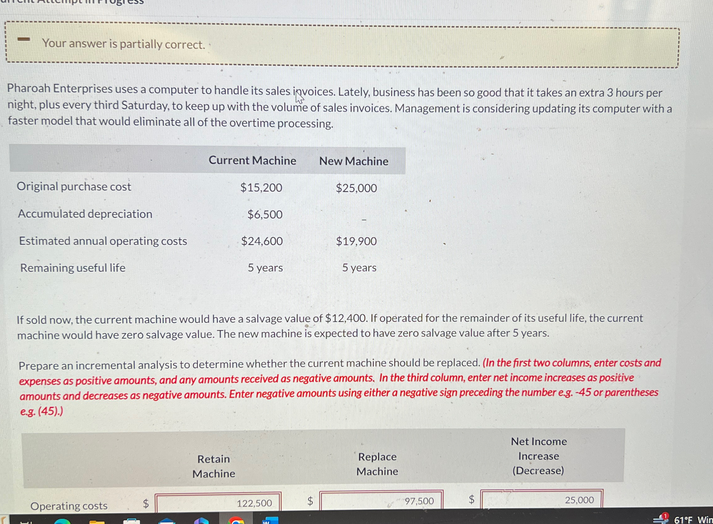  Your answer is partially correct. Pharoah Enterprises uses a computer to