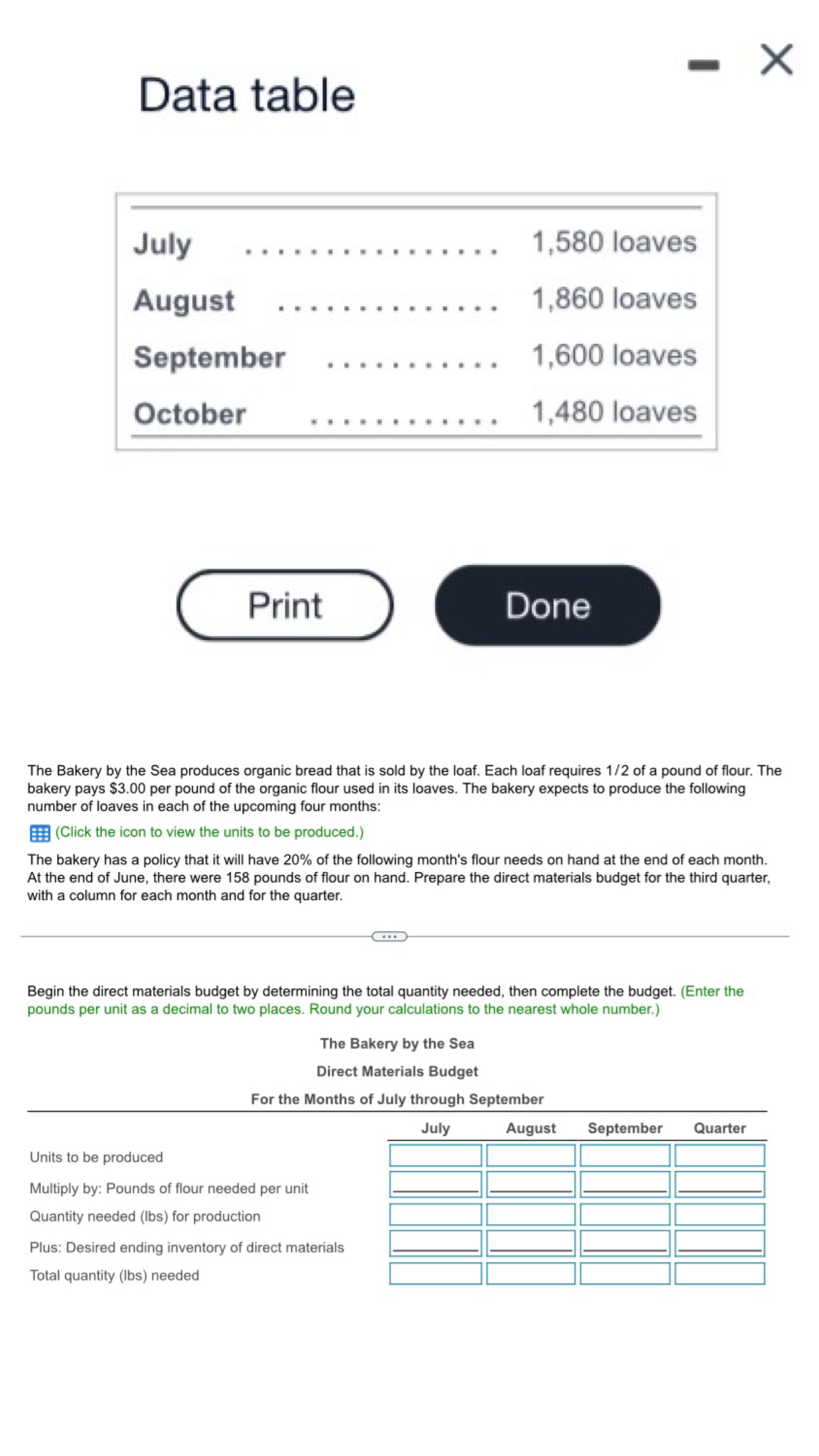  Begin the direct materials budget by determining the total quantity needed,