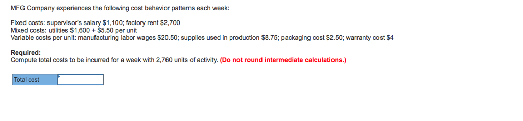 MFG Company experiences the following cost behavior patterns each week: Fixed
