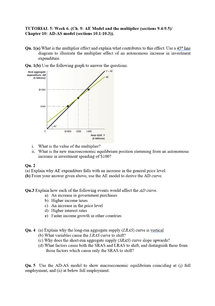 TUTORIAL 5: Week 6. (Ch. 9: AE Model and the multiplier