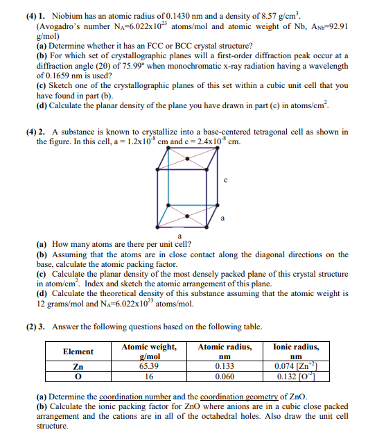  (4)1. Niobium has an atomic radius of 0.1430nm and a density