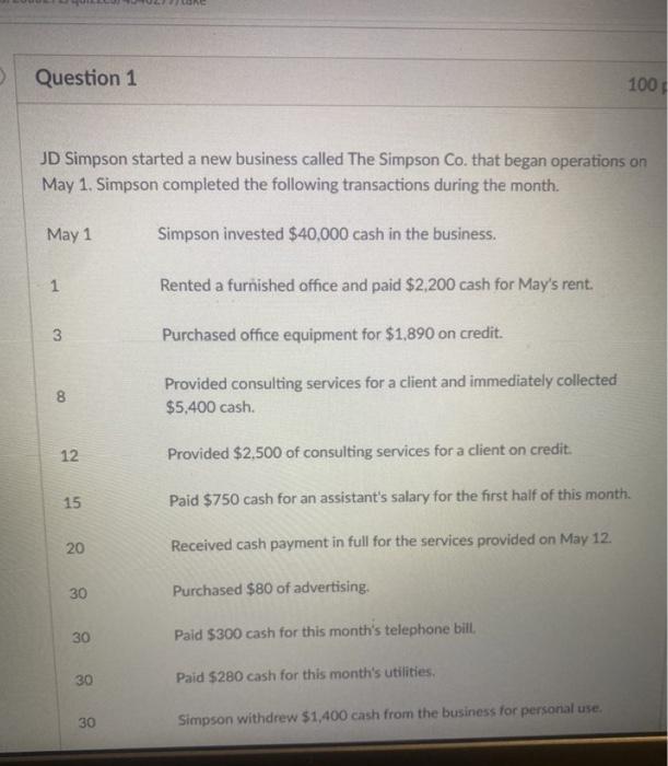  > Question 1 100 JD Simpson started a new business called