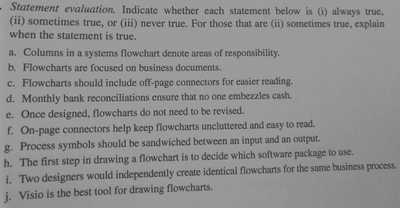 Please answer all questions Statement evaluation. Indicate whether each statement below is