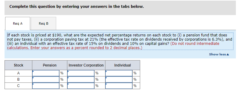 and capital gains in the following way: Stock A B Expected Dividend