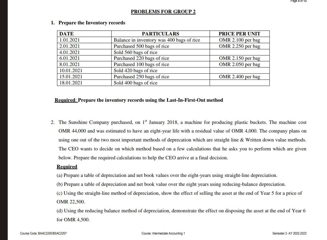  PROBLEMS FOR GROUP 2 1. Prepare the Inventory records Required: Prepare
