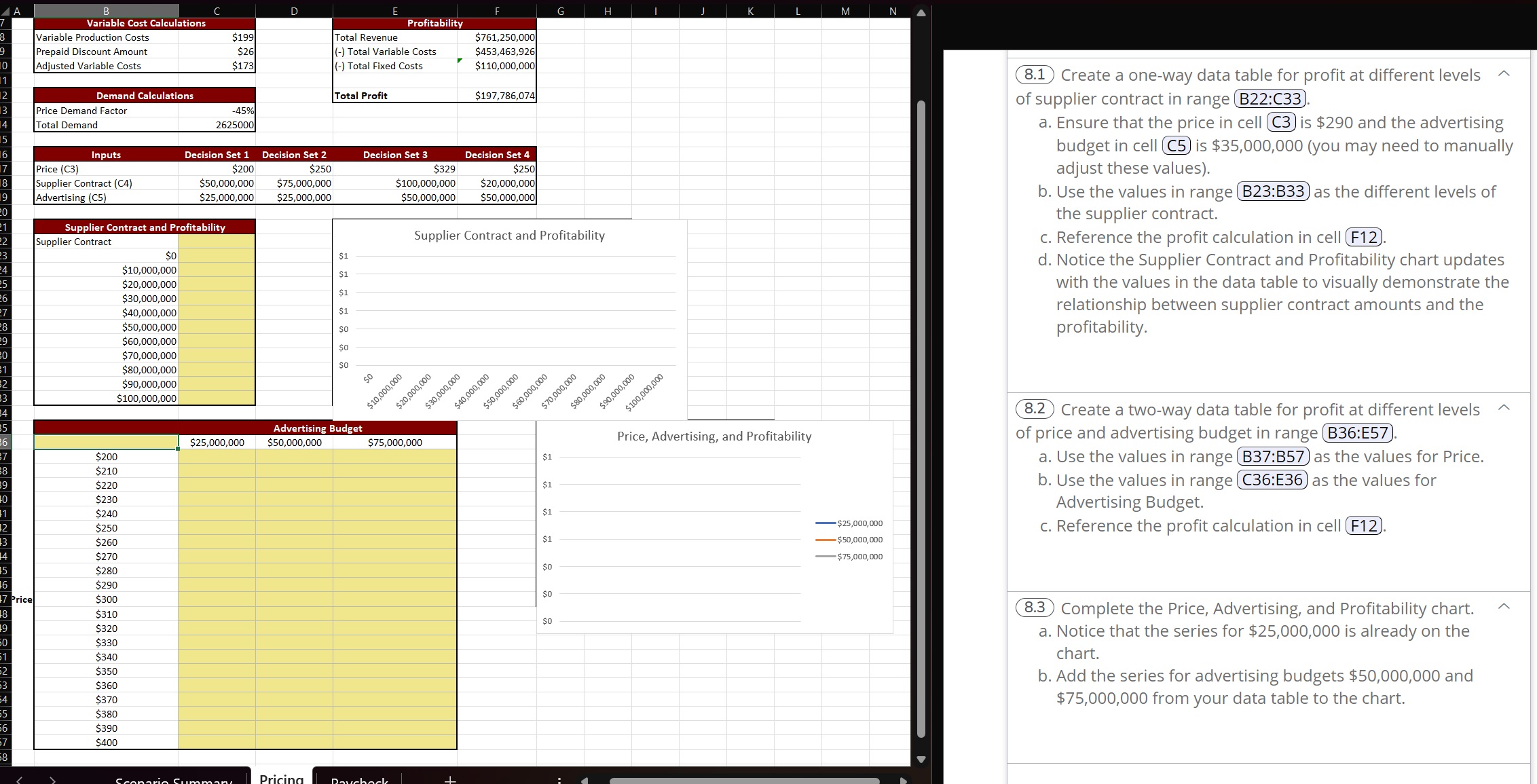 Please answer 8.1-8.3 8.1 Create a one-way data table for profit at