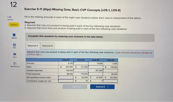  12 1.42 points Exercise 5-11 (Algo) Missing Data; Basic CVP Concepts